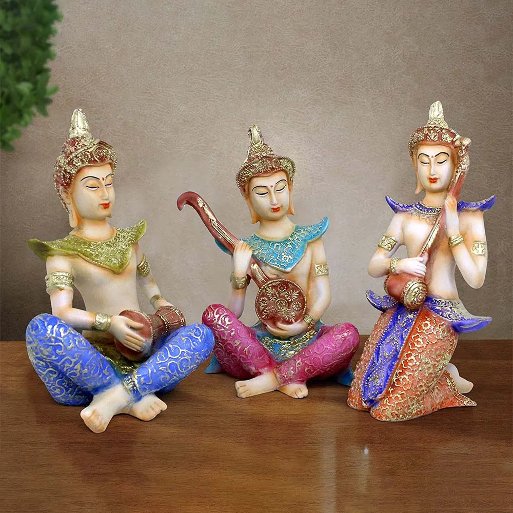Colorful Detailed Decorative Musician Divine Budhha Showpiece Set Of 3