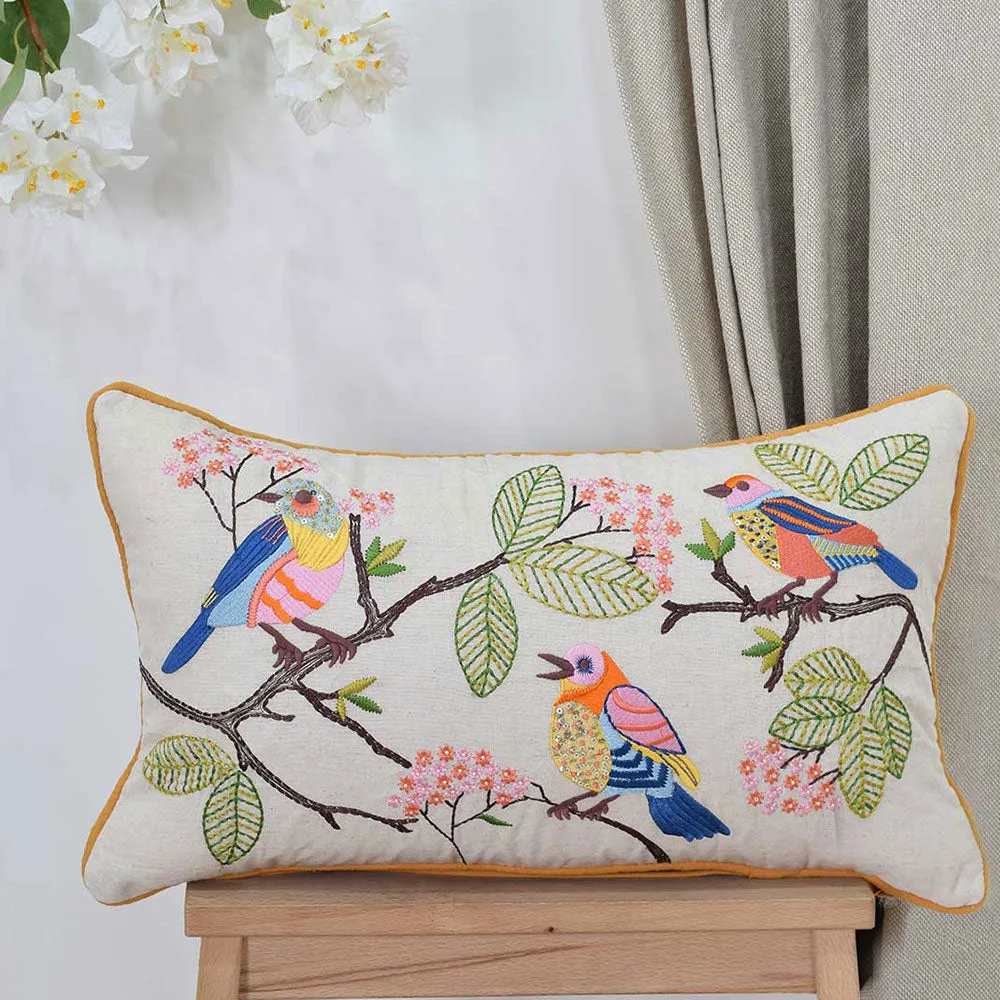 Colorful Embroidered Chirping Birds 100% Cotton Cushion Cover Set Of 1