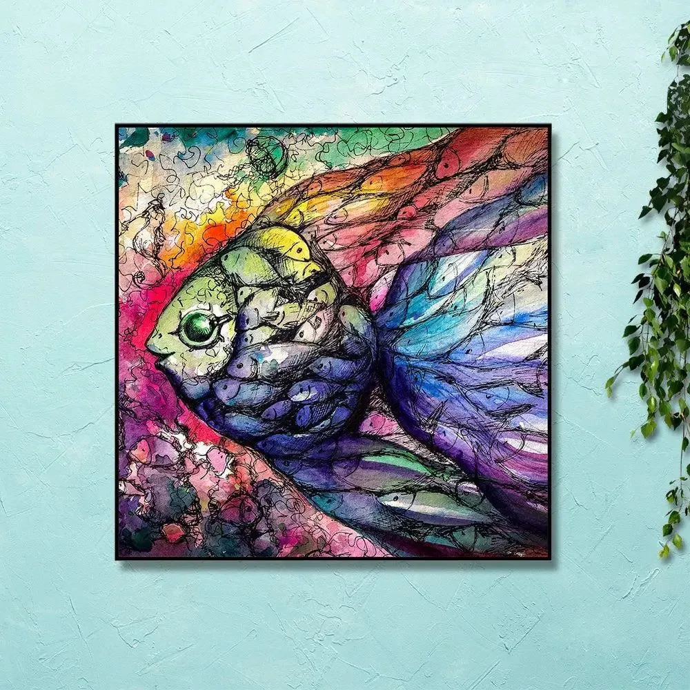 Colorful Fish With Abstract Art Canvas Painting With Black Floating Frame Size: 57 cm (H) X 57 cm (W)