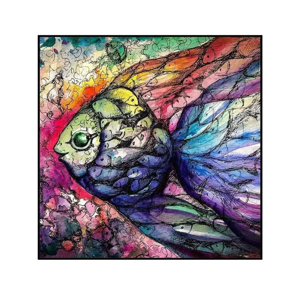 Colorful Fish With Abstract Art Canvas Painting With Black Floating Frame Size: 57 cm (H) X 57 cm (W)
