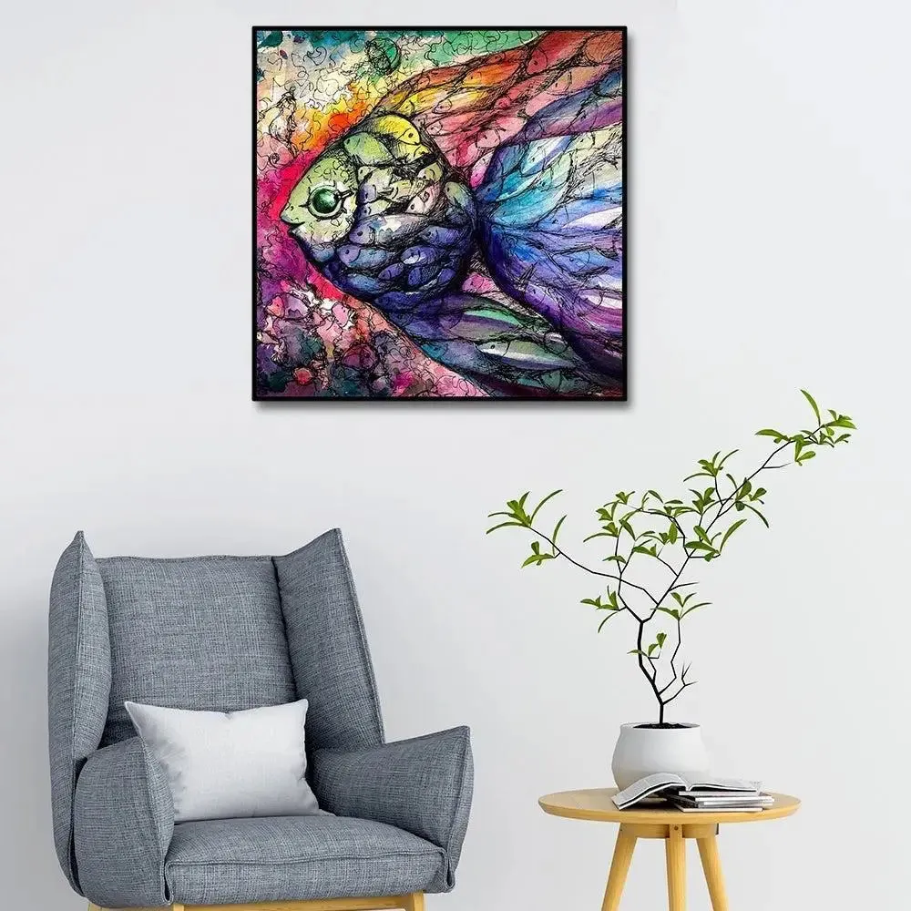 Colorful Fish With Abstract Art Canvas Painting With Black Floating Frame Size: 57 cm (H) X 57 cm (W)