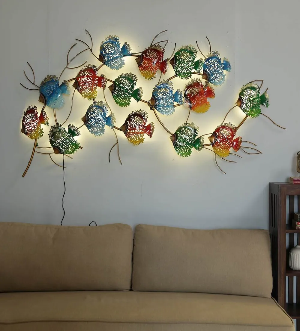 Colorful Fishes In Row LED Metal Wall Art