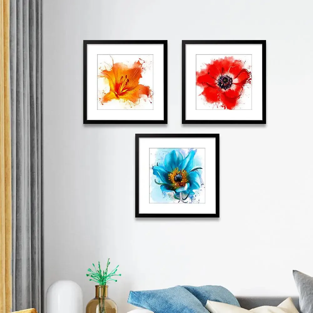 Colorful Flowers Framed Wall Painting Set of 3 Hangings having Break Resistant Acrylic Glass