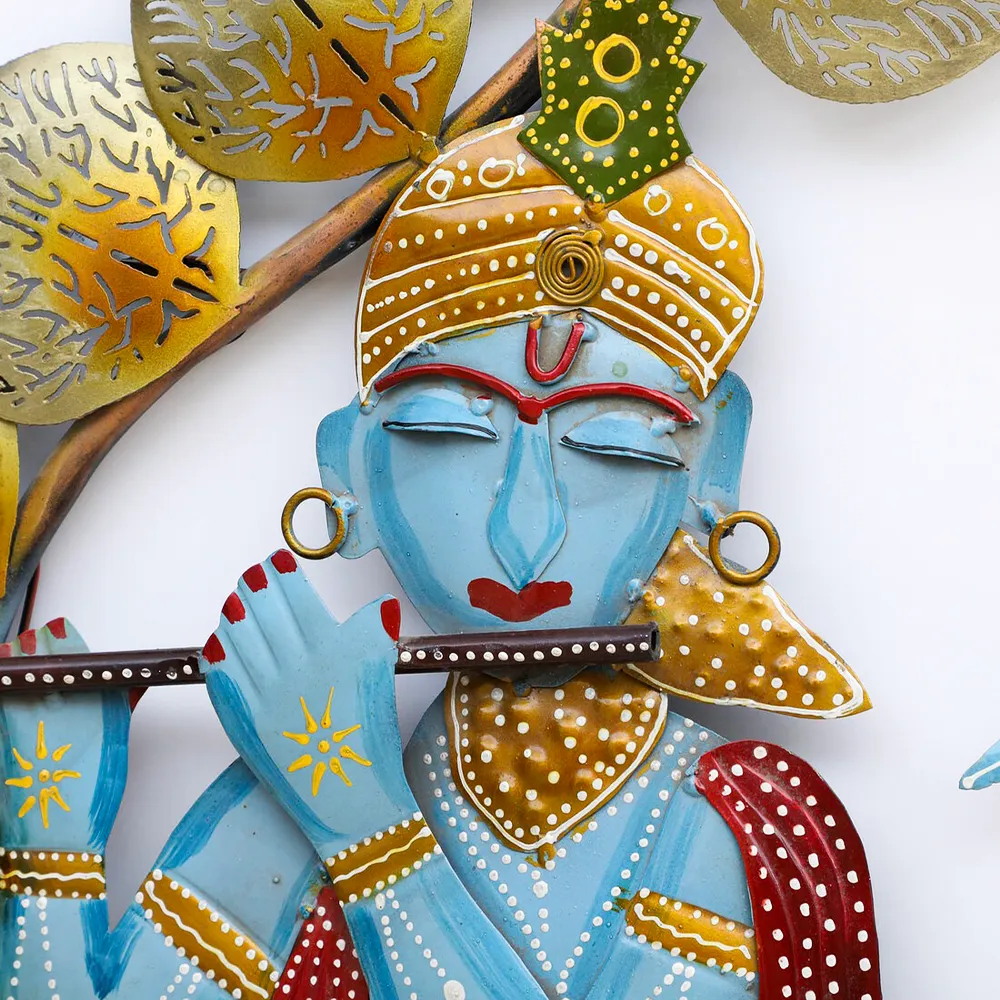 Colorful Krishna Playing Flute Metal Wall Art