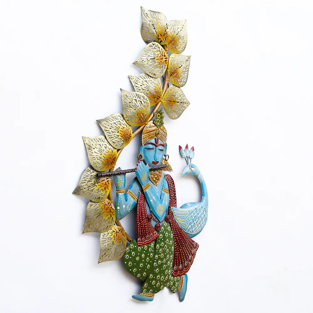 Colorful Krishna Playing Flute Metal Wall Art