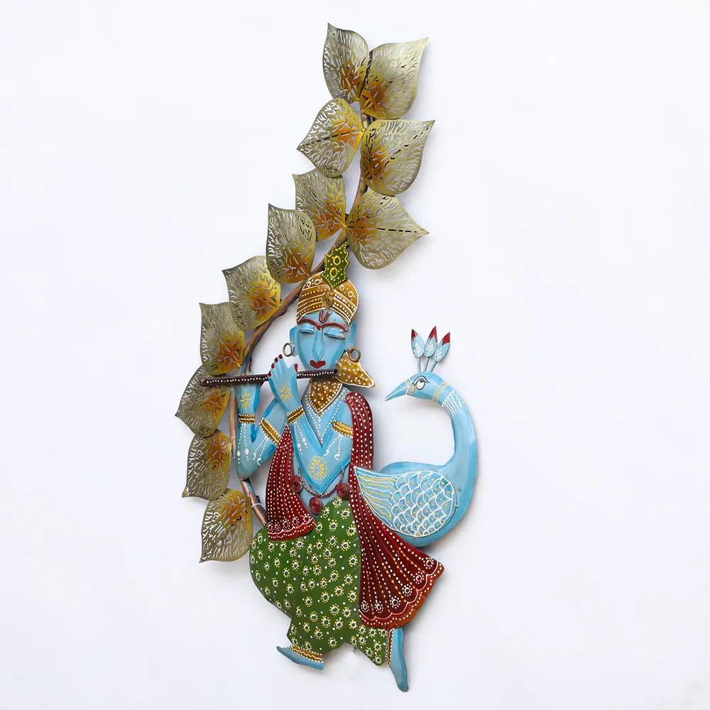 Colorful Krishna Playing Flute Metal Wall Art