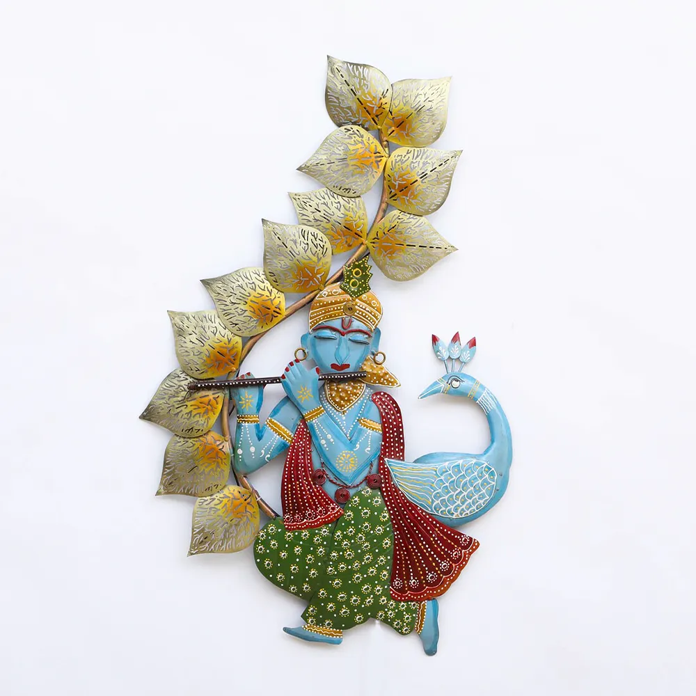 Colorful Krishna Playing Flute Metal Wall Art