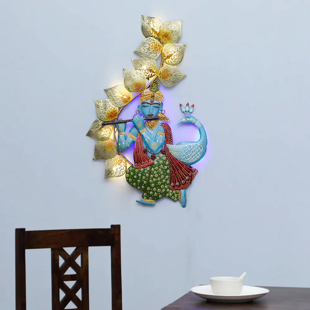 Colorful Krishna Playing Flute Metal Wall Art