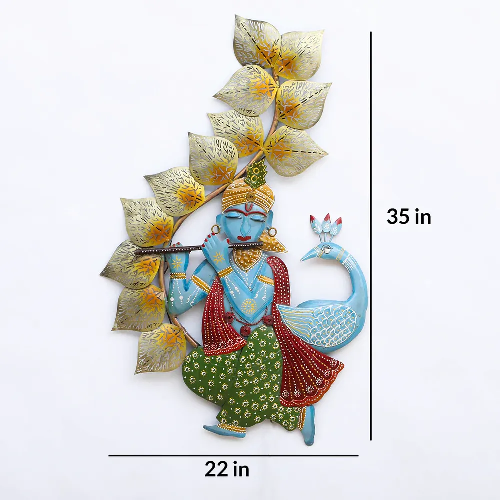 Colorful Krishna Playing Flute Metal Wall Art