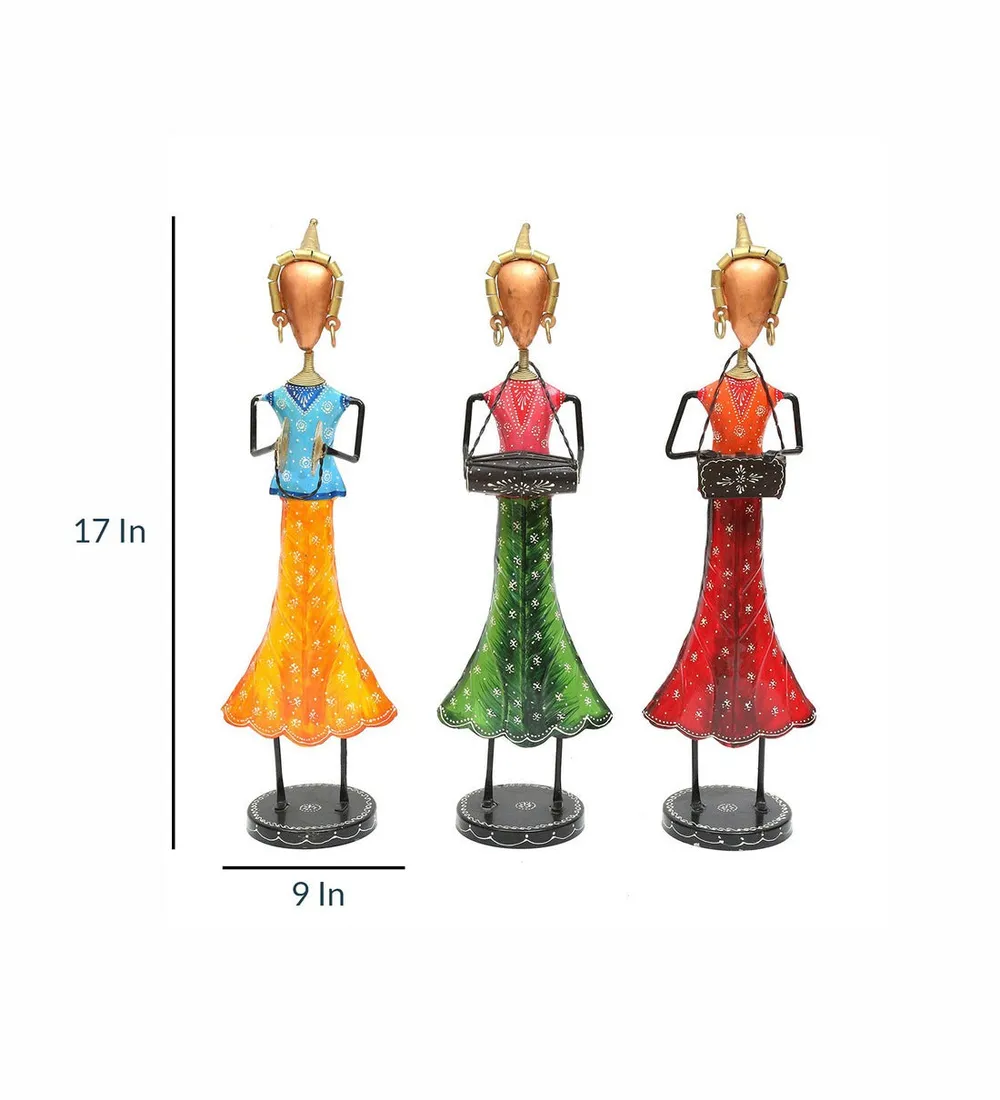 Colorful Ladies Playing Music Figurine / Showpiece Set Of 3
