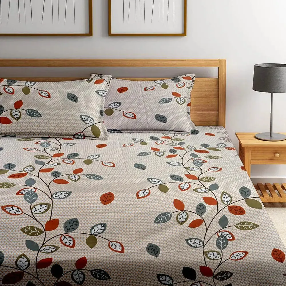 Colorful Leaves Beige Cotton Double Bedsheet With 2 Pillow Covers