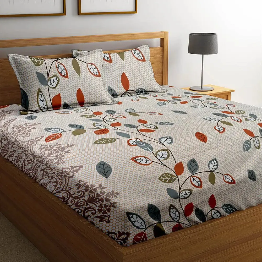 Colorful Leaves Beige Cotton Double Bedsheet With 2 Pillow Covers
