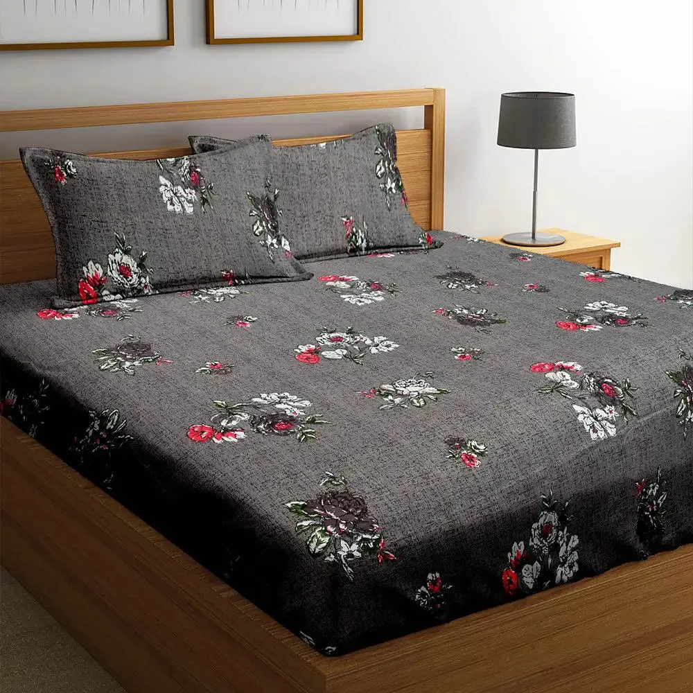 Colorful Leaves Slate Cotton Double Bedsheet With 2 Pillow Covers