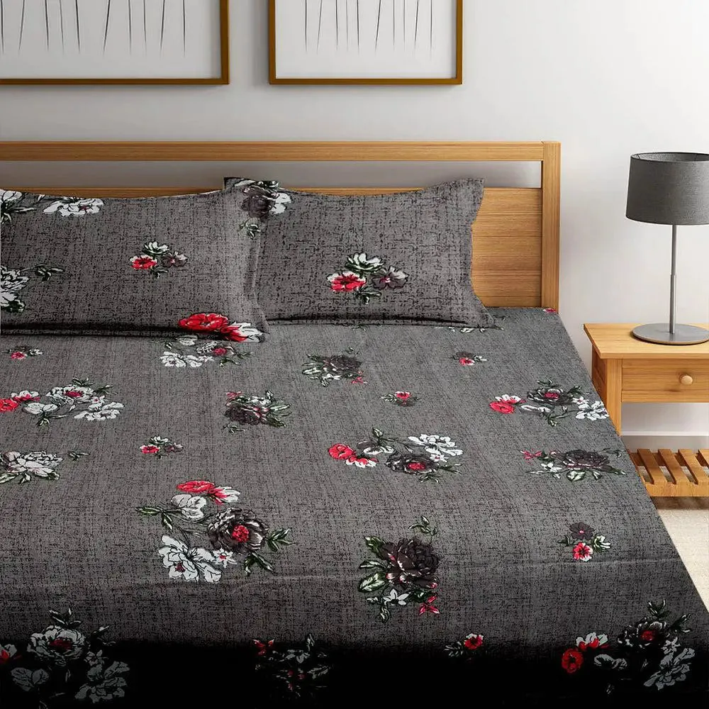 Colorful Leaves Slate Cotton Double Bedsheet With 2 Pillow Covers