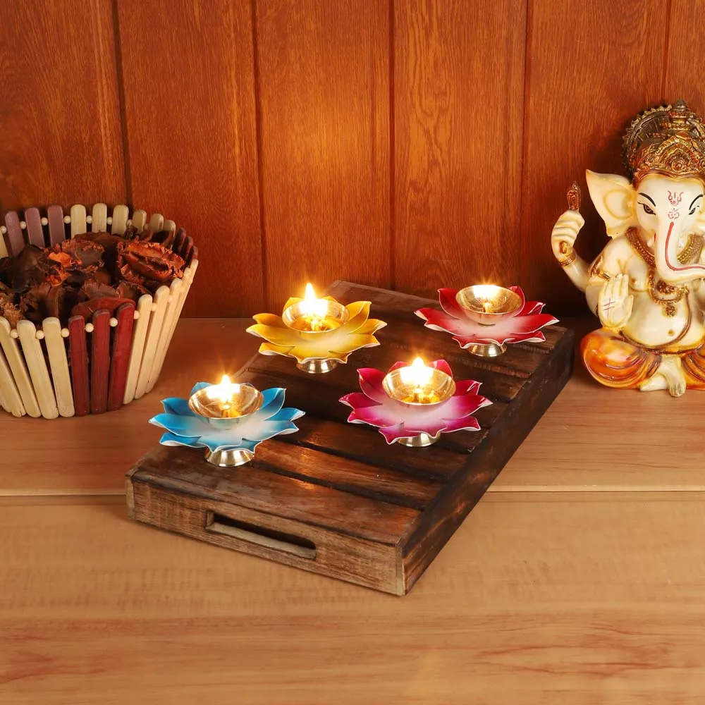 Colorful Lotus Shaped Brass Diyas Set Of 4