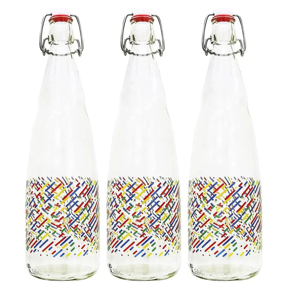 Colorful Printed Sticks Glass Water Bottle With Cork Set Of 3