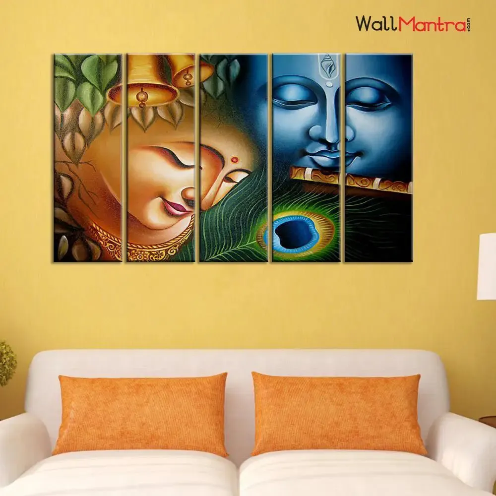 Colorful Radha Krishna Spiritual 5 Pieces Wall Painting for Living Room, Bedroom, Office Decoration