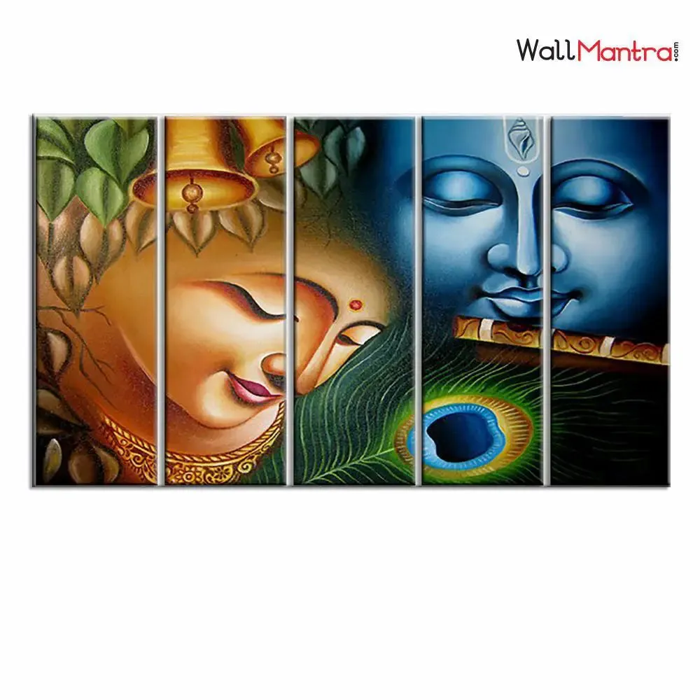 Colorful Radha Krishna Spiritual 5 Pieces Wall Painting for Living Room, Bedroom, Office Decoration