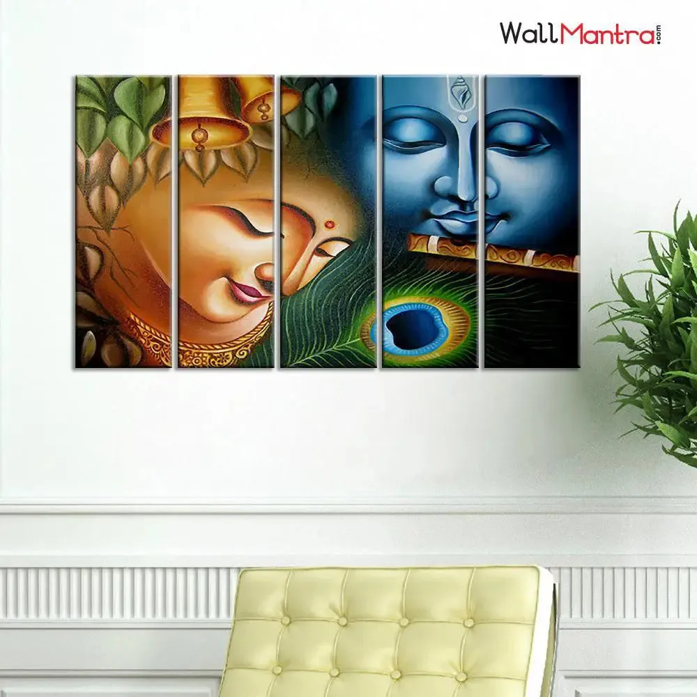 Colorful Radha Krishna Spiritual 5 Pieces Wall Painting for Living Room, Bedroom, Office Decoration