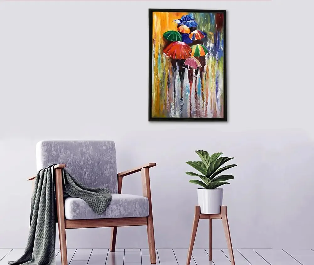 Colorful Rainy Season Painting / Handmade Painting on Canvas framed in Black Framed, 60 cm (H) X 40 cm (L), Default color