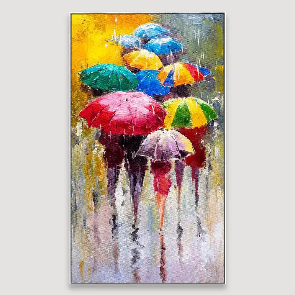 Colorful Umbrellas in Rain Canvas Wall Painting With Frame