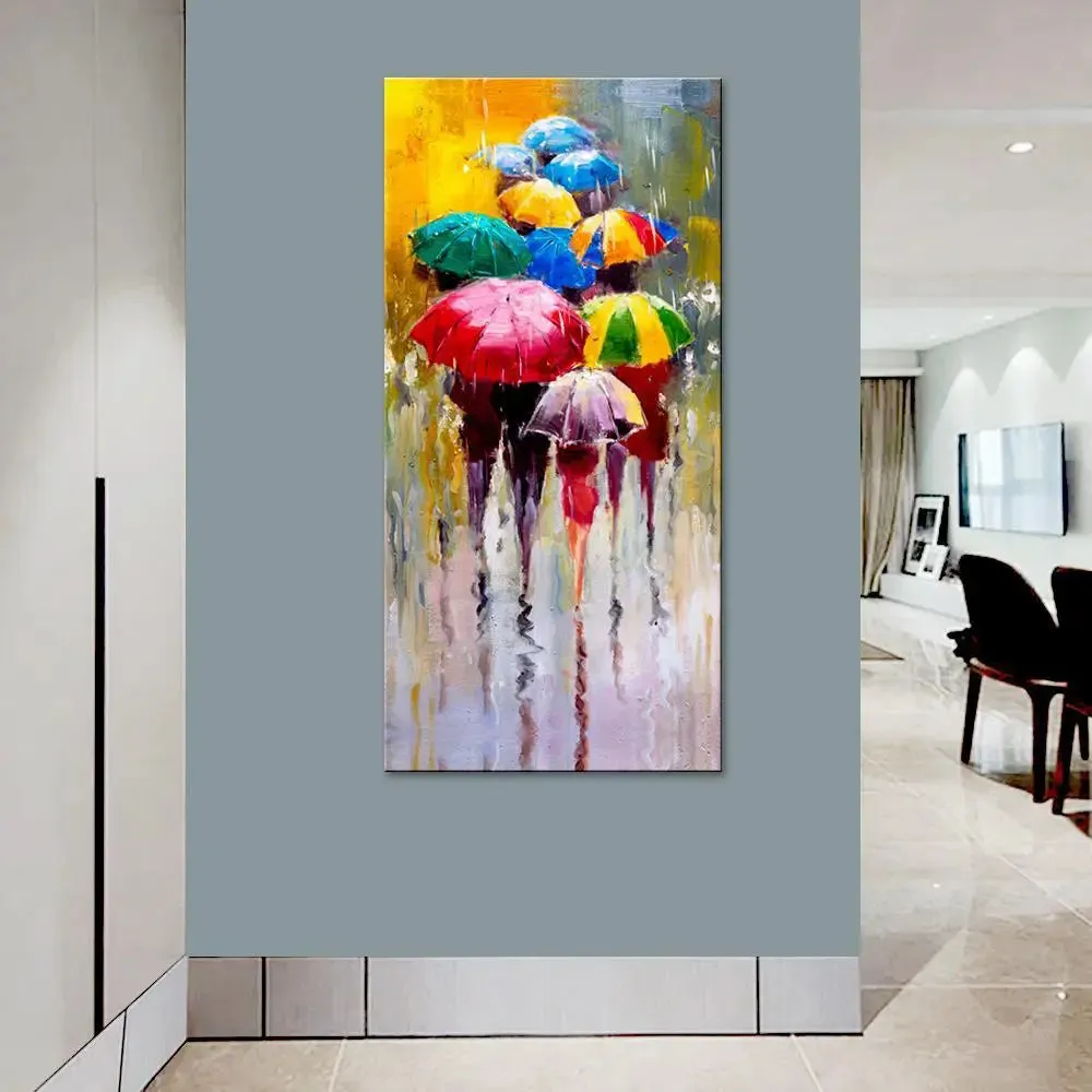 Colorful Umbrellas in Rain Canvas Wall Painting With Frame