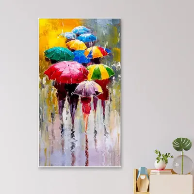 Colorful Umbrellas in Rain Canvas Wall Painting