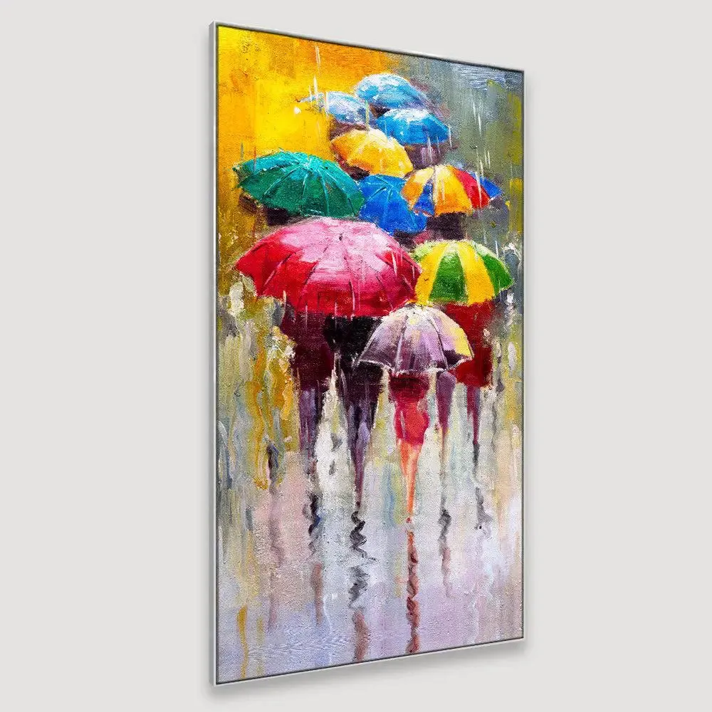 Colorful Umbrellas in Rain Canvas Wall Painting With Frame