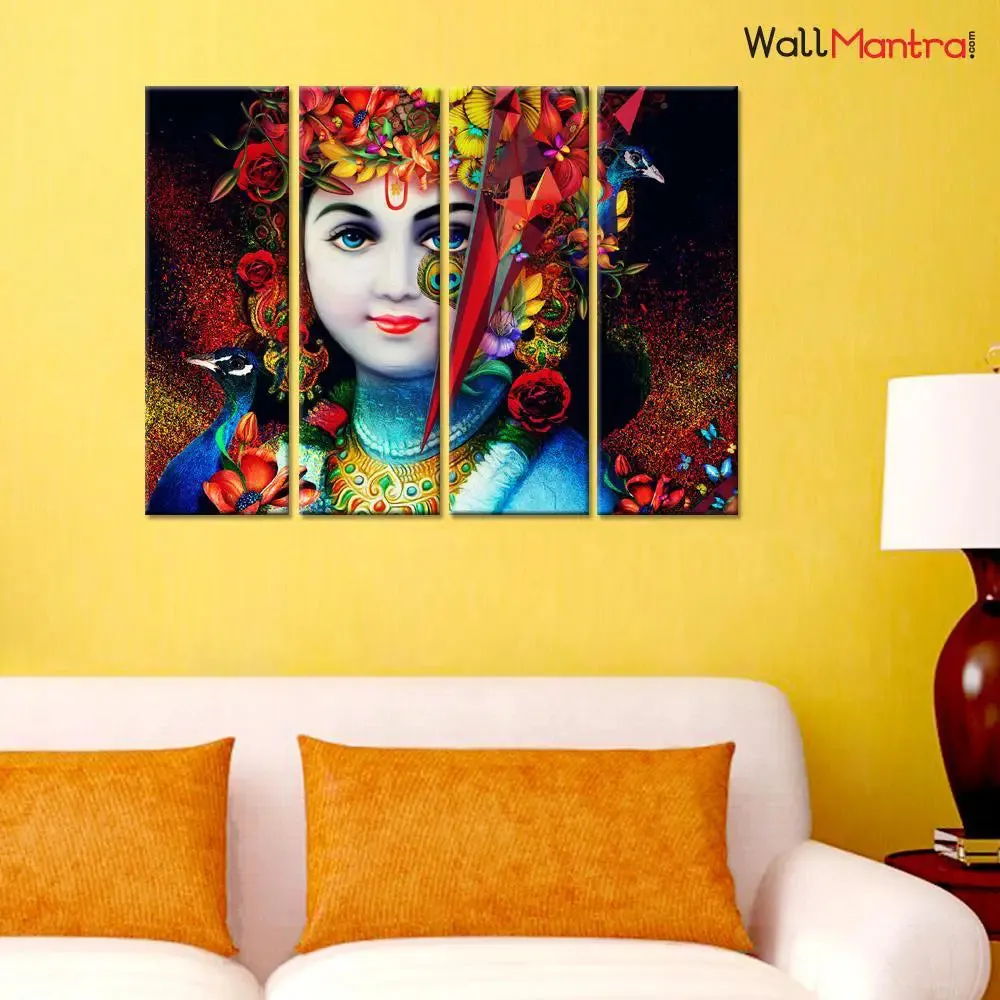 Colorful Young Krishna Spiritual 4 PCS Wall Painting Framed On Wood