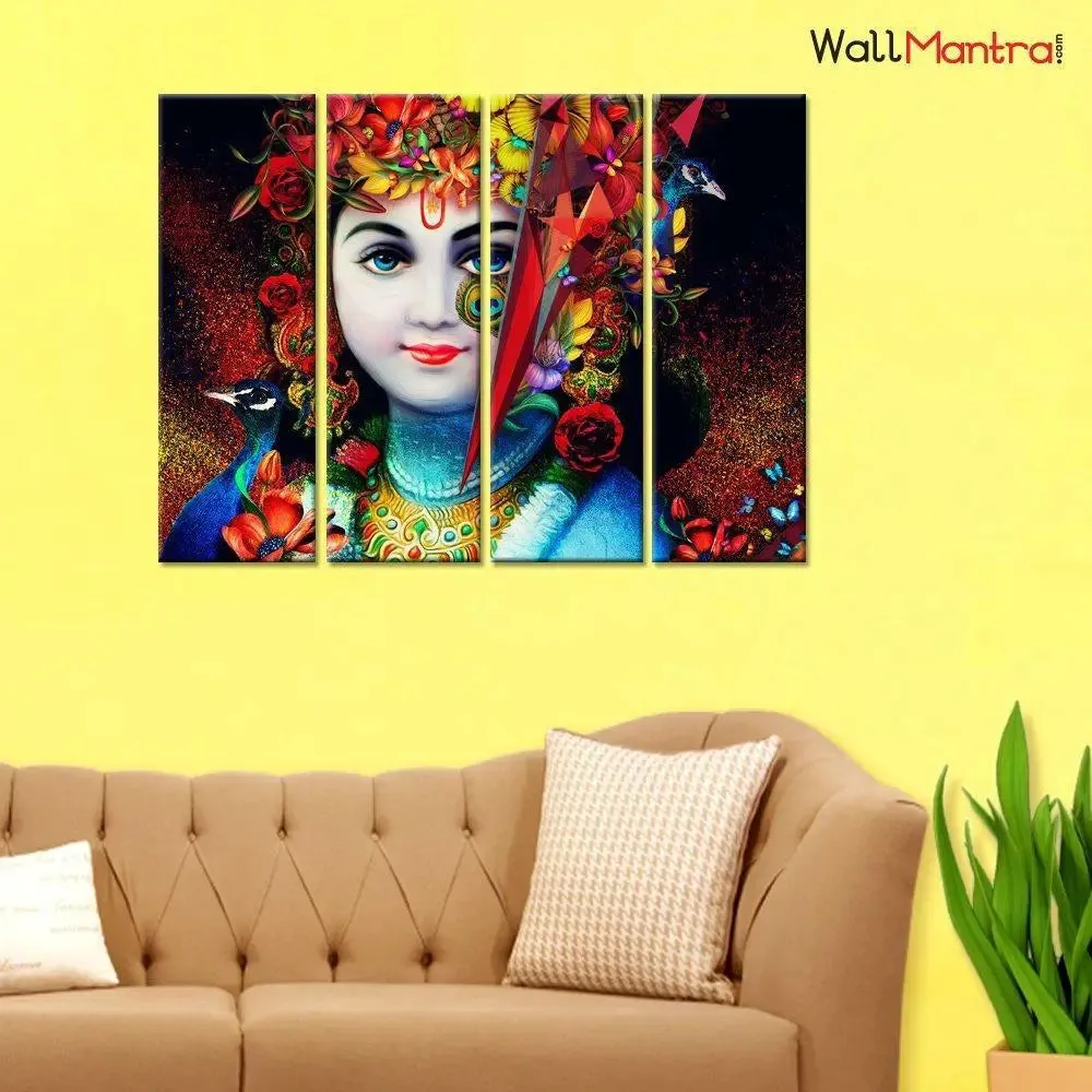 Colorful Young Krishna Spiritual 4 PCS Wall Painting Framed On Wood