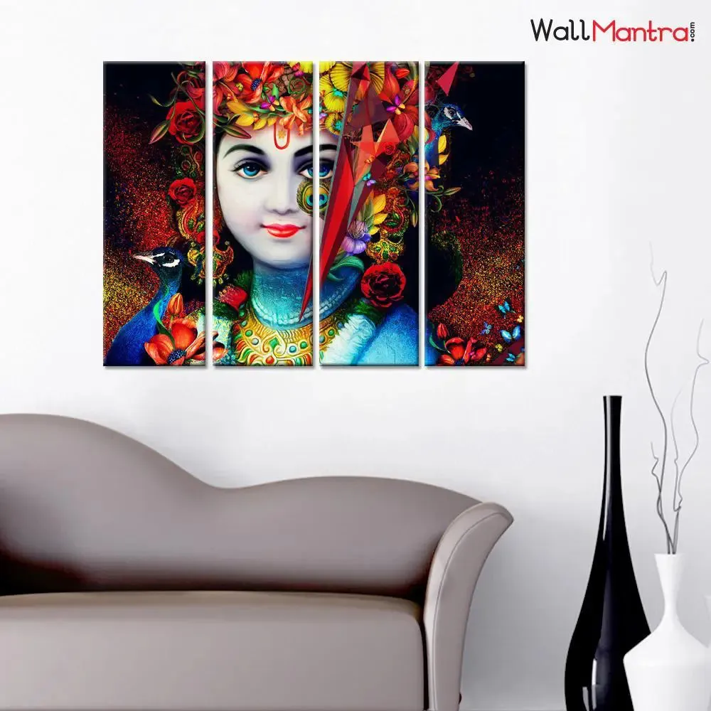 Colorful Young Krishna Spiritual 4 PCS Wall Painting Framed On Wood