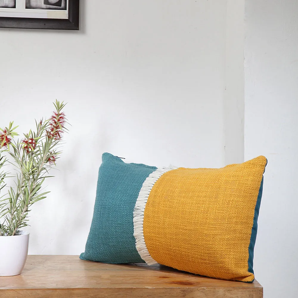 ColourBlock Retro Peacock Blue and Yellow Fringed 100% Cotton Cushion Cover Set Of 1