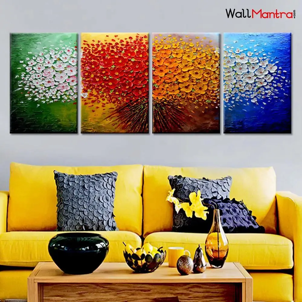 Colourful Abstract Design Flowers Canvas Printed Wall Painting 4 Pieces