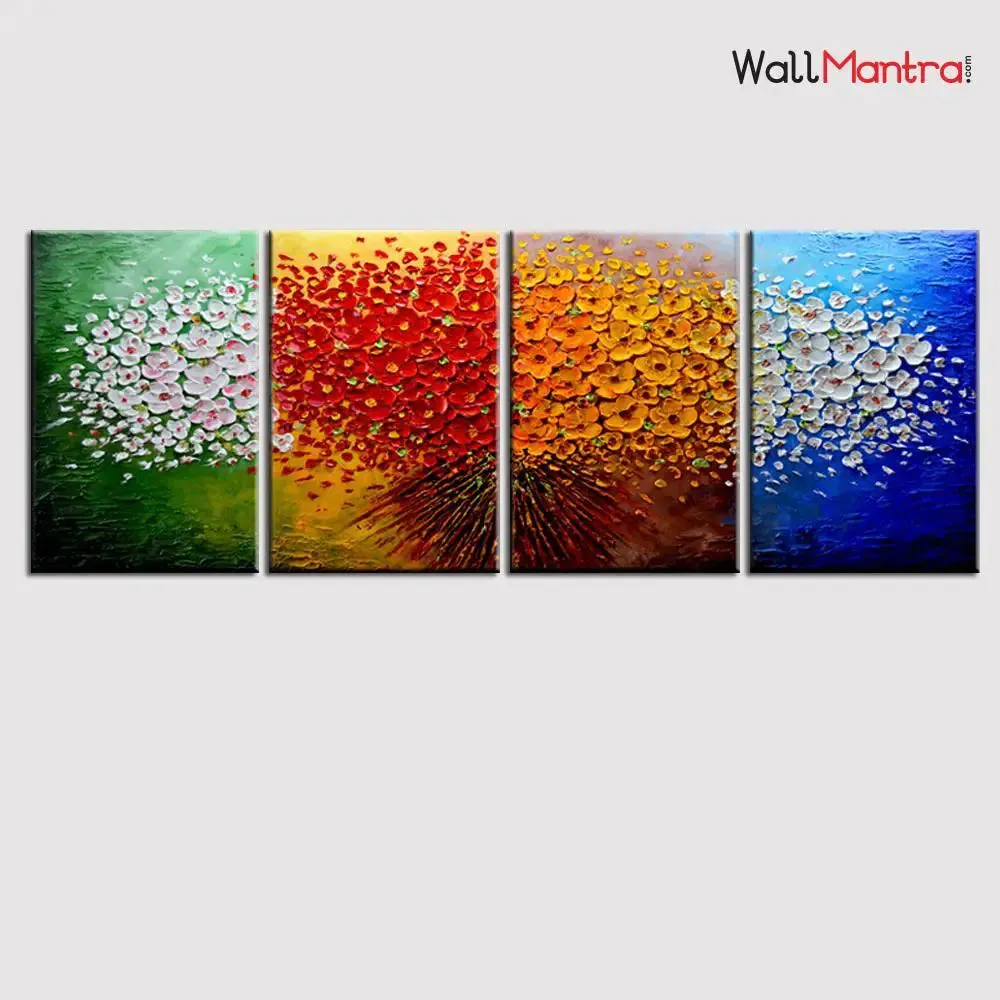 Colourful Abstract Design Flowers Canvas Printed Wall Painting 4 Pieces