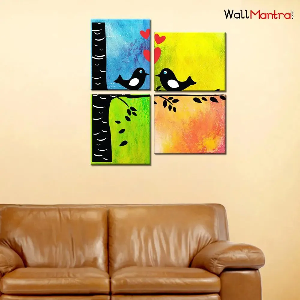 Colourful Bird Couple Romantic 4 Pieces Canvas Print Wall Painting