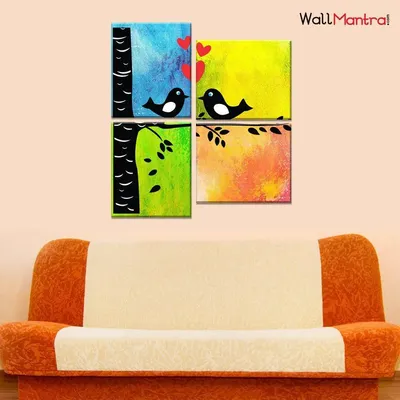 Colourful Bird Couple Romantic 4 Pieces Canvas Print Wall Painting
