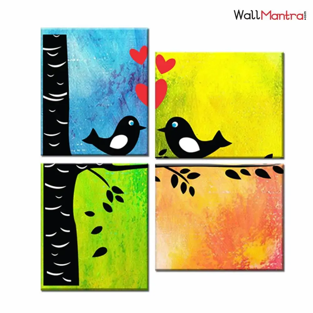 Colourful Bird Couple Romantic 4 Pieces Canvas Print Wall Painting
