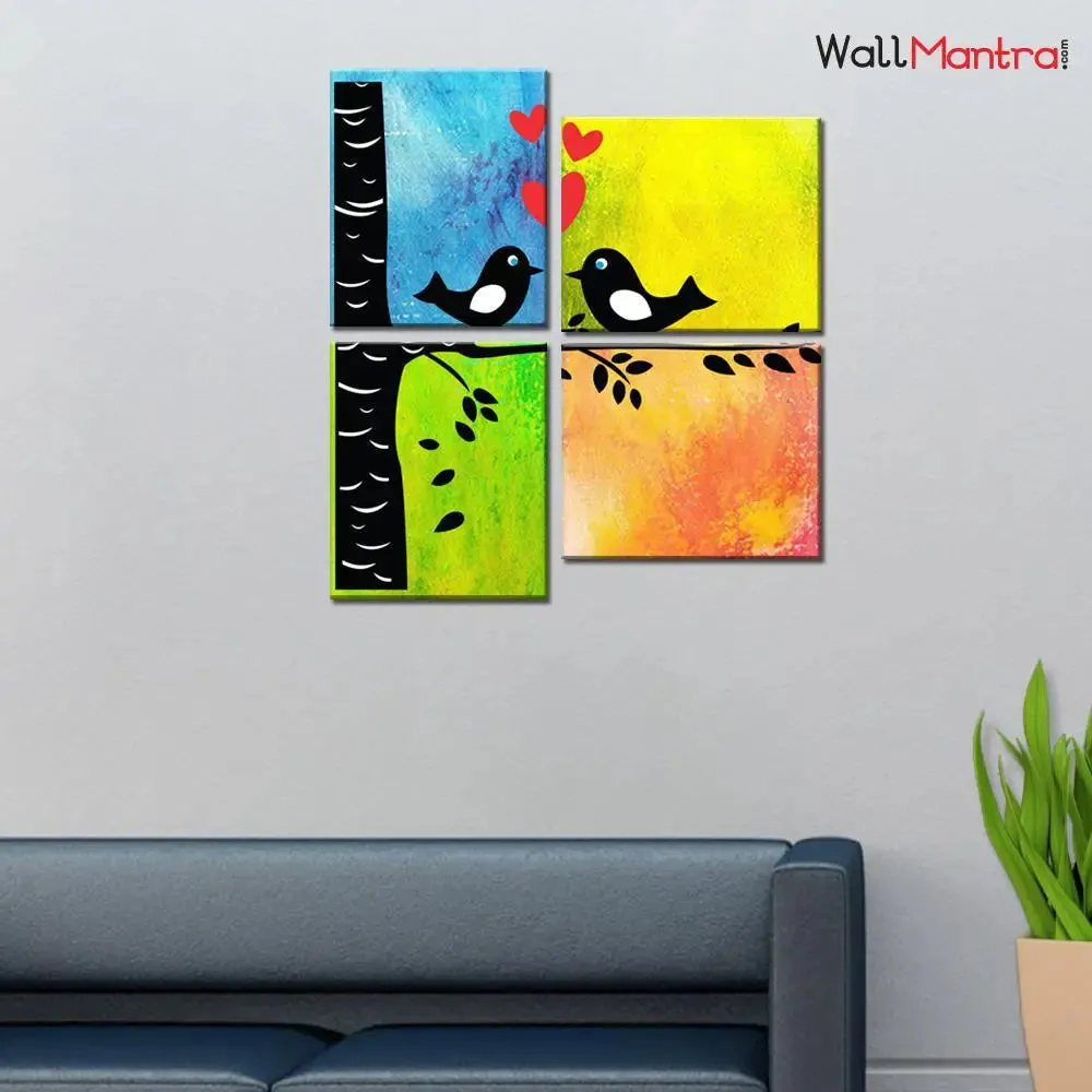Colourful Bird Couple Romantic 4 Pieces Canvas Print Wall Painting
