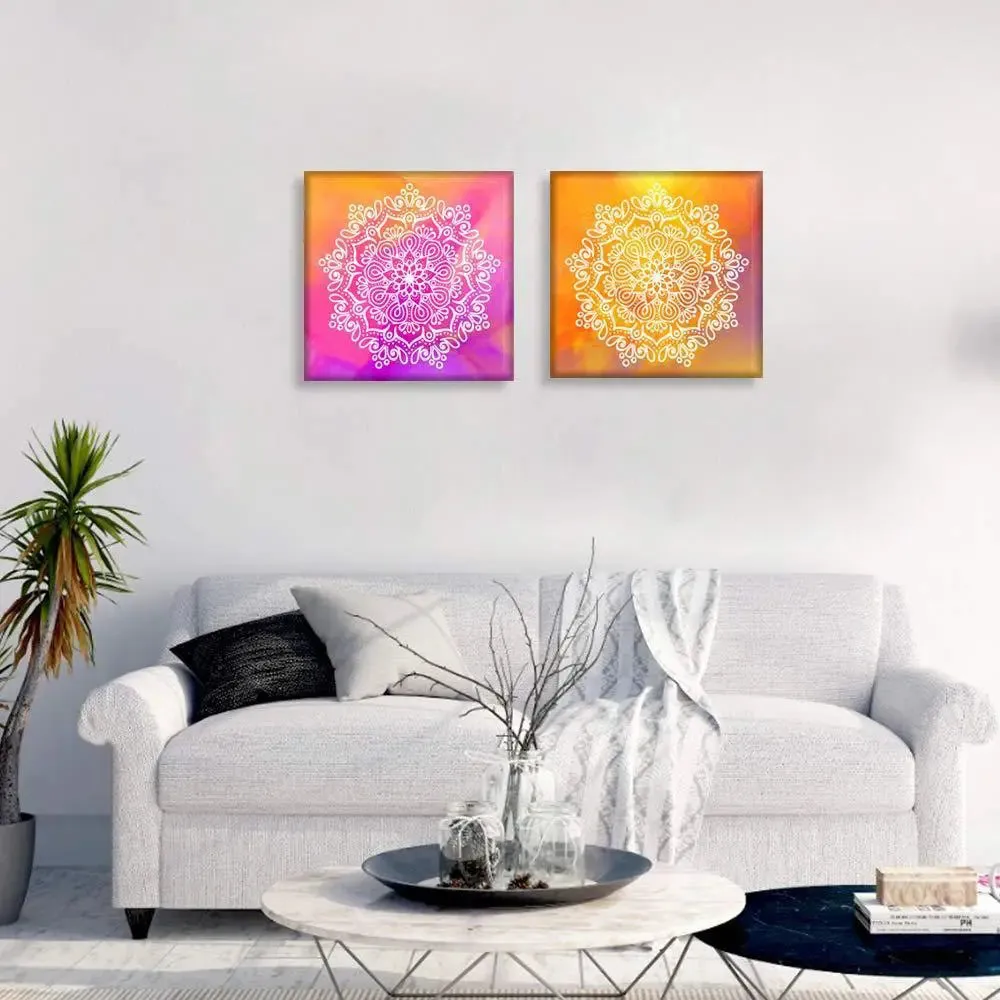 Colourful Mandala Art Wall Painting Stretched on Wooden Canvas, Set of 2