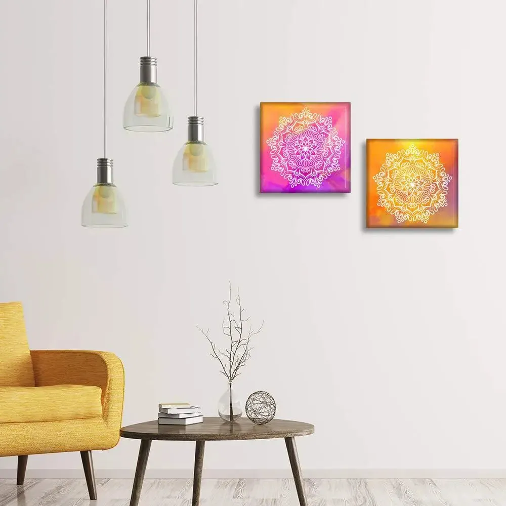 Colourful Mandala Art Wall Painting Stretched on Wooden Canvas, Set of 2