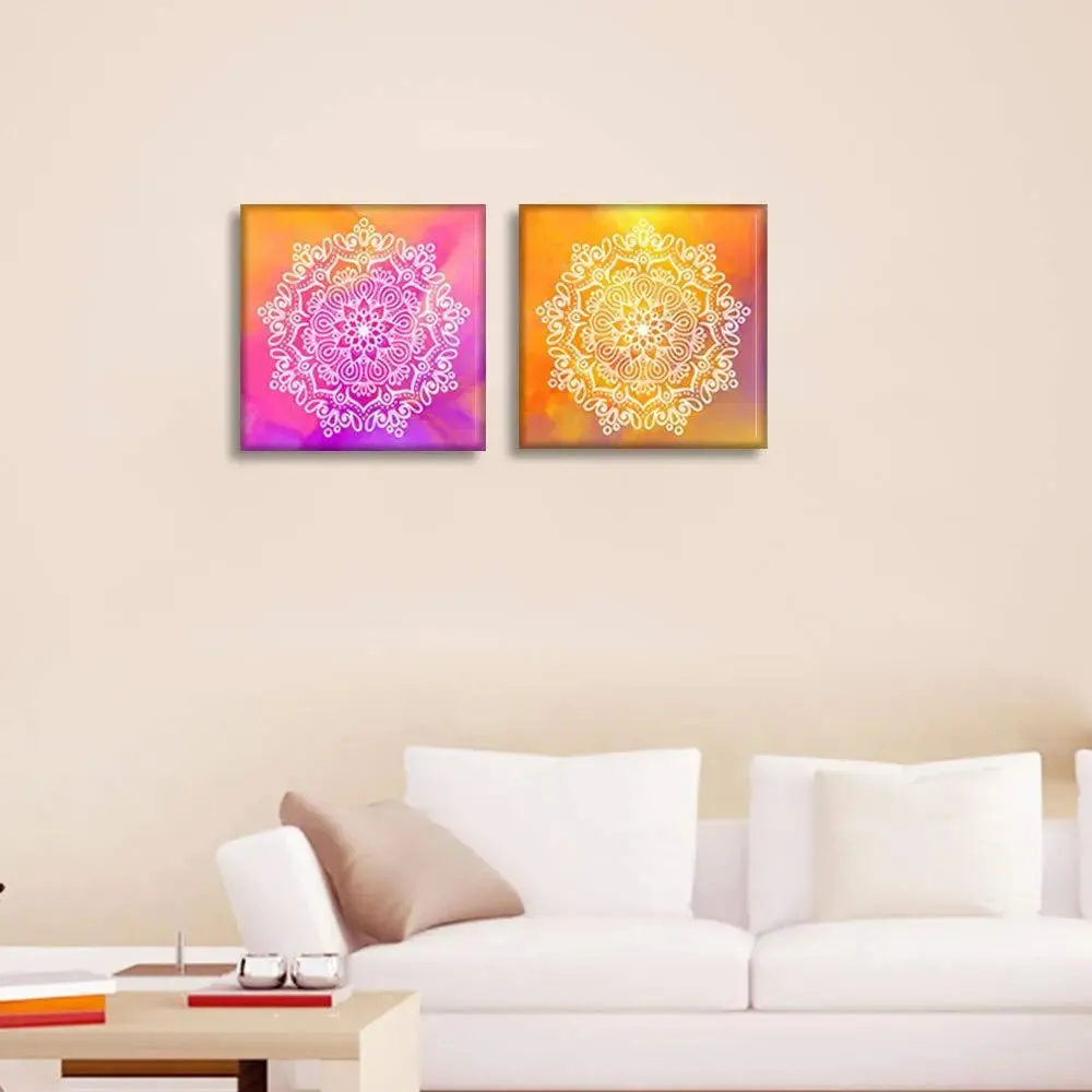 Colourful Mandala Art Wall Painting Stretched on Wooden Canvas, Set of 2