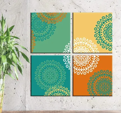 Colourful Mandala  Painting on Canvas, Stretched and Framed on Wood, Set of 4