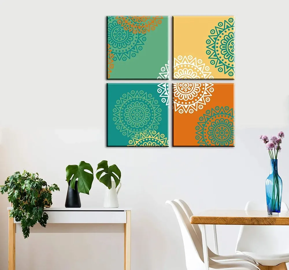 Colourful Mandala  Painting on Canvas, Stretched and Framed on Wood, Set of 4