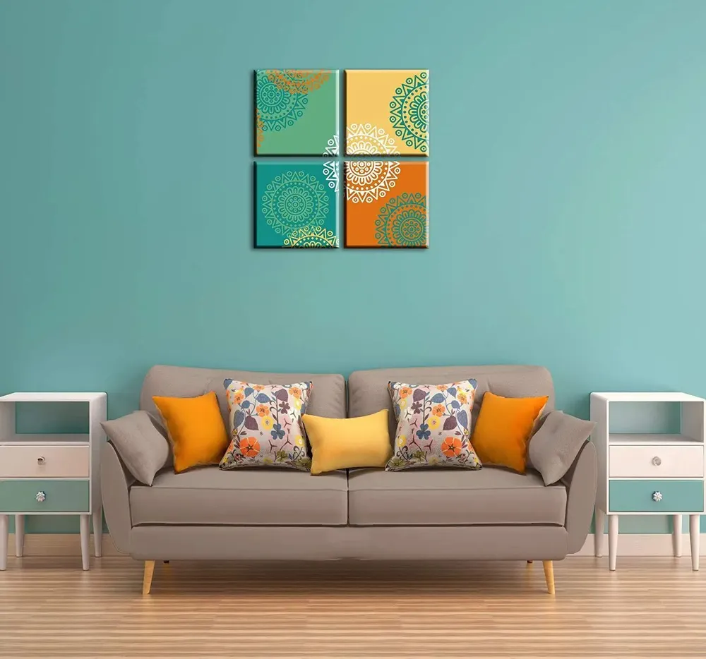 Colourful Mandala  Painting on Canvas, Stretched and Framed on Wood, Set of 4