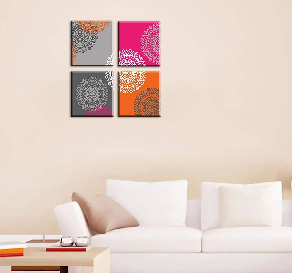 Colourful Mandala Painting Wall Hanging on Canvas, Set of 4 Pieces