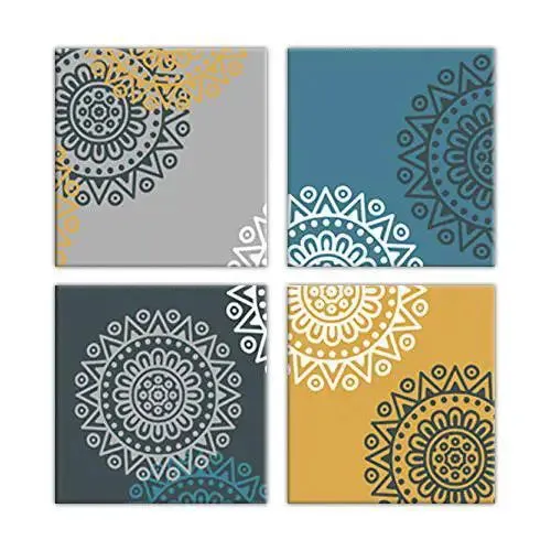 Colourful Mandala Wall Art on Canvas Painting Wooden Framed Set of 4 wall hangings for Living Room