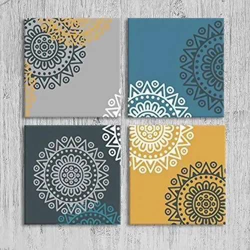 Colourful Mandala Wall Art on Canvas Painting Wooden Framed Set of 4 wall hangings for Living Room