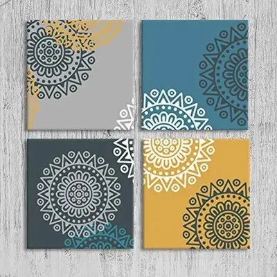 Colourful Mandala Wall Art on Canvas Painting Wooden Framed Set of 4 wall hangings for Living Room