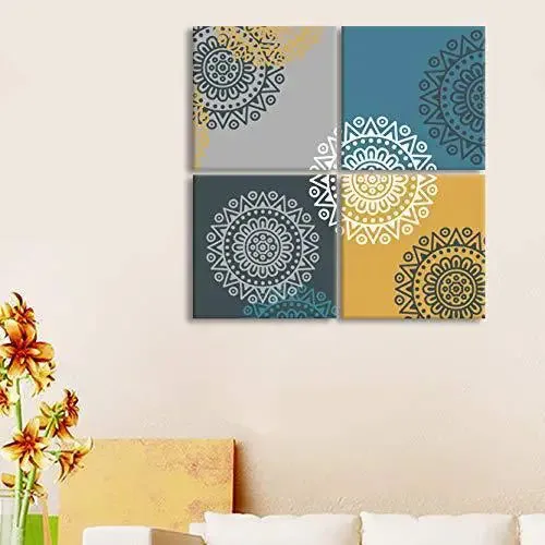 Colourful Mandala Wall Art on Canvas Painting Wooden Framed Set of 4 wall hangings for Living Room