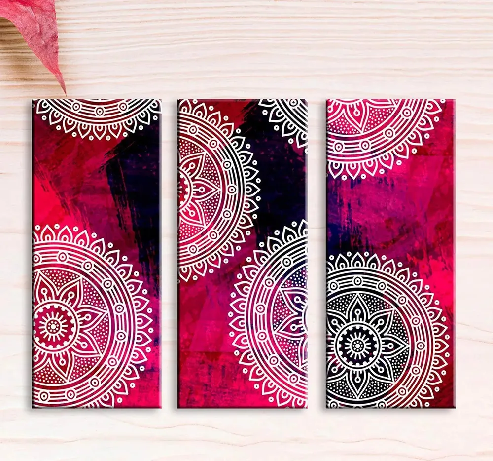 Colourful Mandala Wall Painting Stretched on Wooden Frame, Set of 3